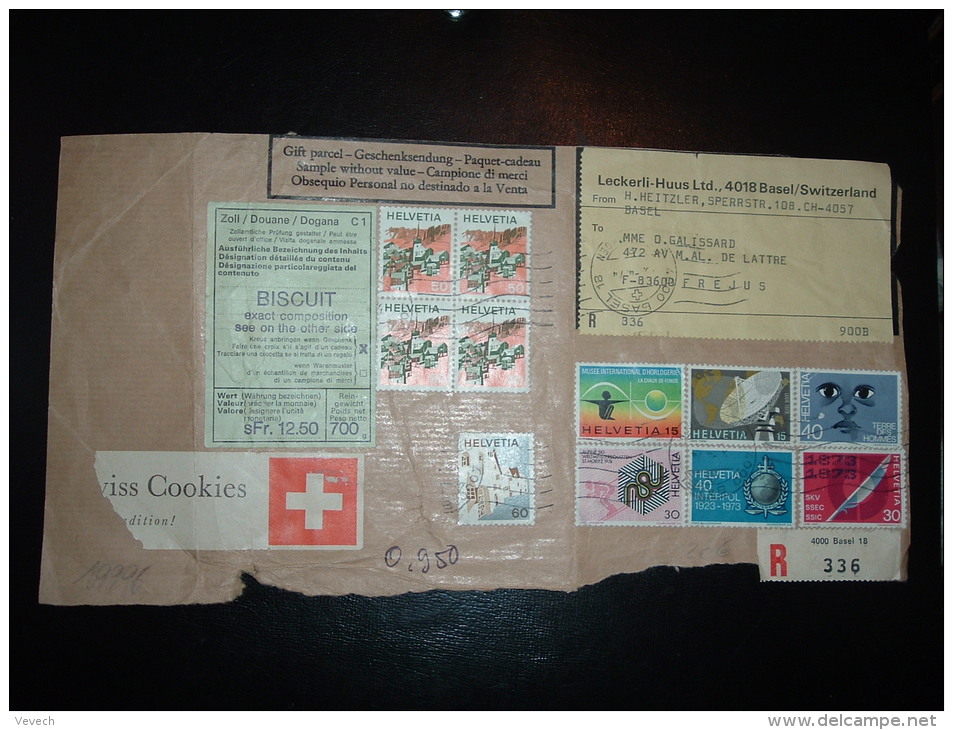 DEVANT DE COLIS RECOMMANDE POUT FRANCE TP TARIF 4,30F OBL.MEC. 3-4-74 BASEL 18 + ETIQUETTE VERTE DOUANE - Covers & Documents