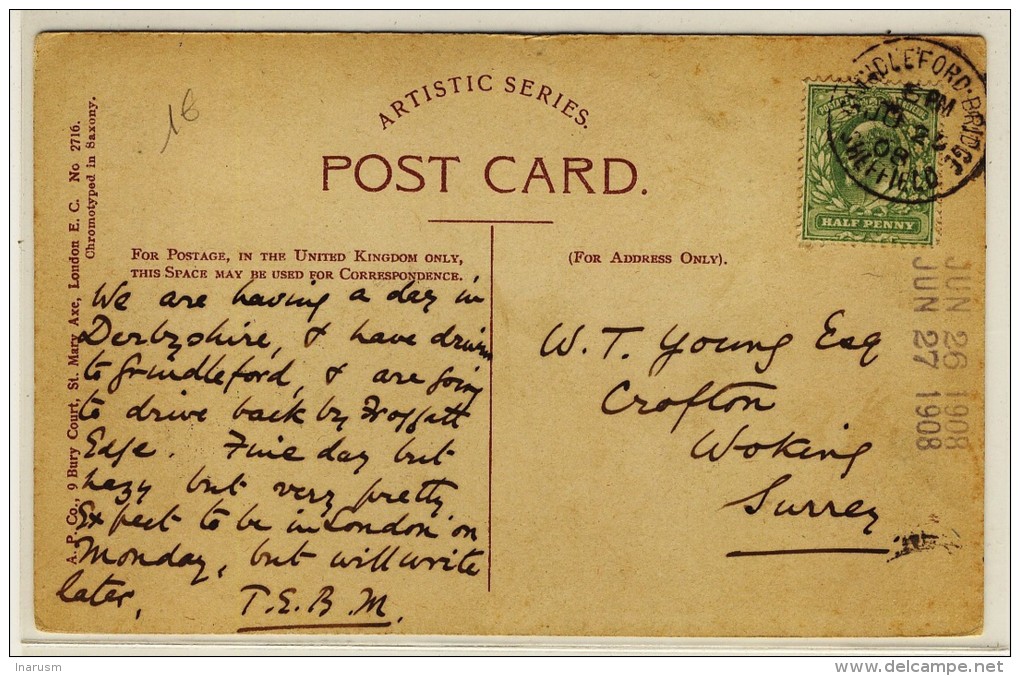Postcard Of  Grindleford With Half Penny Green Stamp + " GRINDLEFORD.BRIDGE  /  SHEFFIELD /  1908 " - Marcophilie