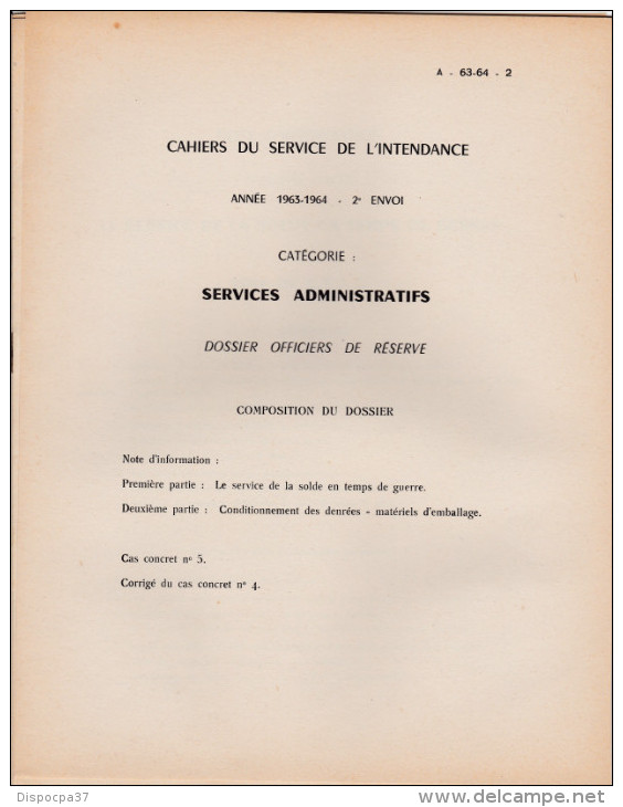 CAHIERS DU SERVICE DE L'INTENDANCE  A-63-64-2 - Francese