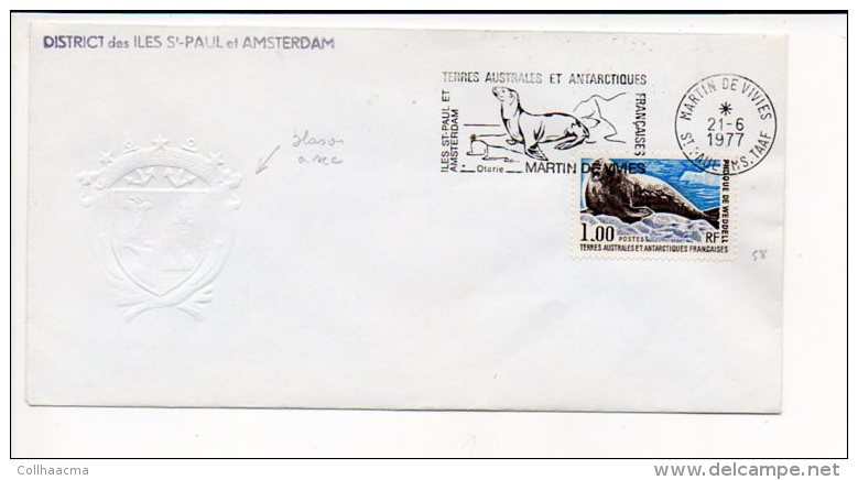 1977 T A A F - Flamme Sécap "Otarie",Martin De Vivies,Saint Paul Amsterdam Sur N° 58, Blason à Sec + Voir Cachets Verso - Lettres & Documents