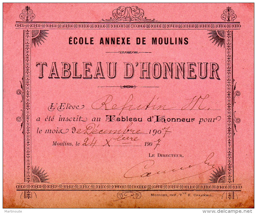 Billet D'honneur De L'école De MOULINS En 1907. - 219 - Diplômes & Bulletins Scolaires