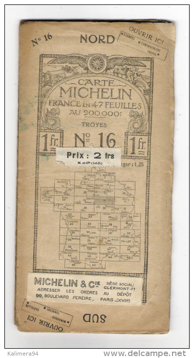 Carte Géographique Routière  " CARTE  MICHELIN "  N° 16   ( TROYES ) , édition 1912  ( Pub Automobile RENAULT ) - Strassenkarten