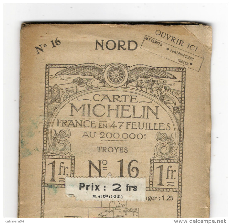 Carte Géographique Routière  " CARTE  MICHELIN "  N° 16   ( TROYES ) , édition 1912  ( Pub Automobile RENAULT ) - Carte Stradali