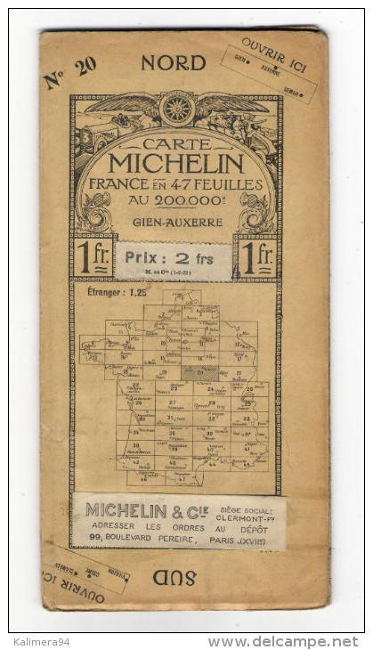 Carte Géographique Routière  " CARTE  MICHELIN "  N° 20   ( GIEN-AUXERRE ) , édition 1912  ( Pub Automobile RENAULT ) - Cartes Routières