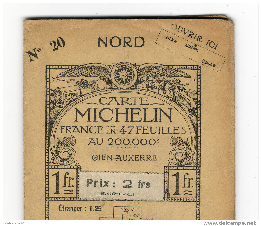 Carte Géographique Routière  " CARTE  MICHELIN "  N° 20   ( GIEN-AUXERRE ) , édition 1912  ( Pub Automobile RENAULT ) - Cartes Routières