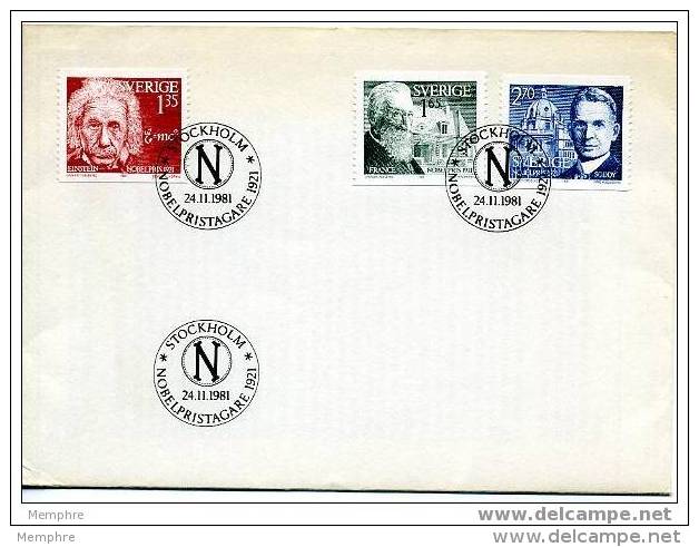 SWEDEN 1981 FDC 1921 Nobel Prize Winners Einstein, A. France, Writer, F. Soddy Chemist Scott 1387-9   Mi Nr 1175-7 - FDC