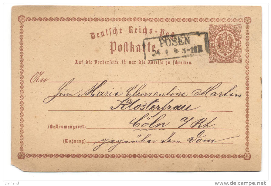 GS Deutsche Reichspost 1875 Von Posen Nach Cöln - Sonstige & Ohne Zuordnung