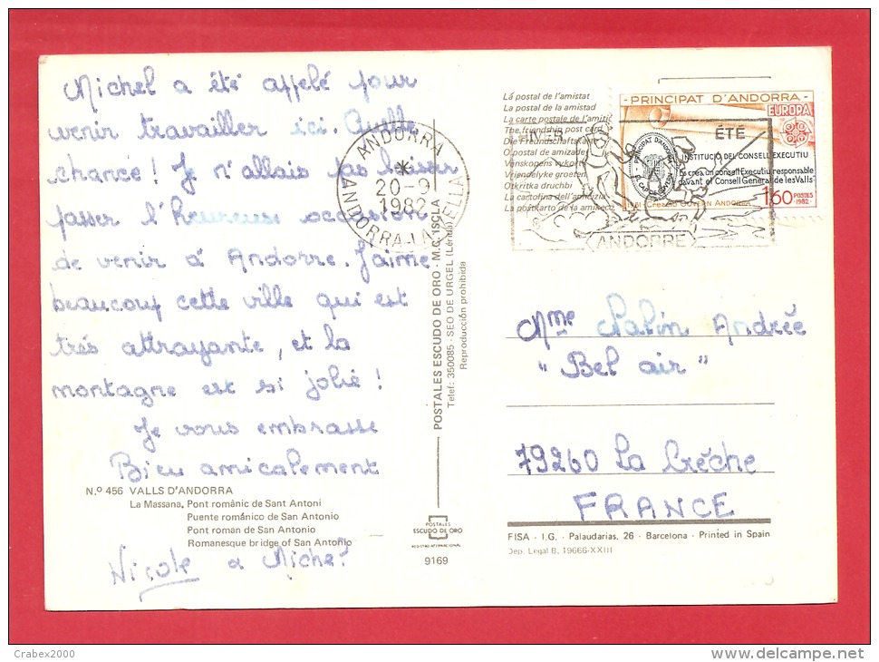 N°Y&T 300 EUROPA ANDORRE Vers FRANCE Le  20 SEPTEMBRE1982(2 SCANS) - Cartas & Documentos