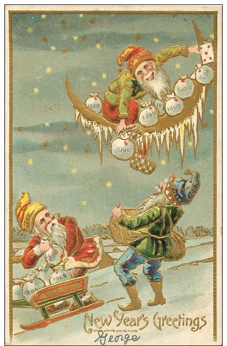 NEW YEAR´S GREETING - GNOMES ON MOON, ON SLED AND GATHERING LOSE COINS -  EMBOSSED V/F VINTAGE POSCARD - Neujahr