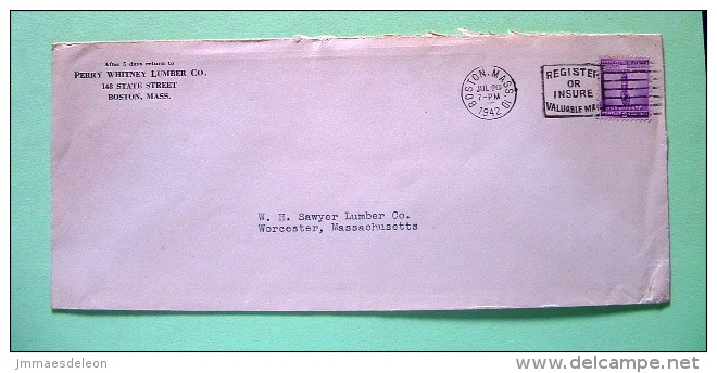 USA 1942 Cover Boston To Worcester - Torch - Insurence Slogan - Lettres & Documents