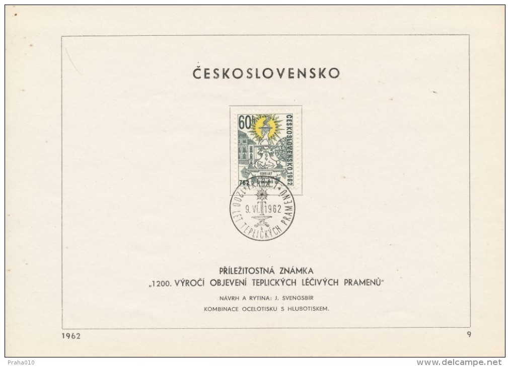 Czechoslovakia / First Day Sheet (1962/09) Praha 1 (b): 1200 Years The Discovery Of The Healing Springs Teplice - Thermalisme