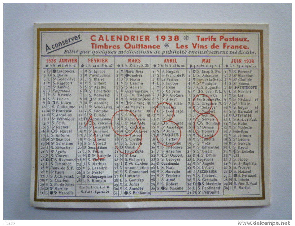 Petit Calendrier  PUB  1938  (format  7 X 9,5cm) - Petit Format : 1921-40