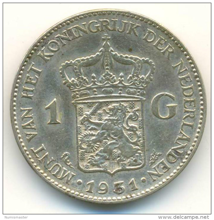 NETHERLANDS,  1 GULDEN 1931 , UNCLEANED SILVER COIN - 1 Gulden