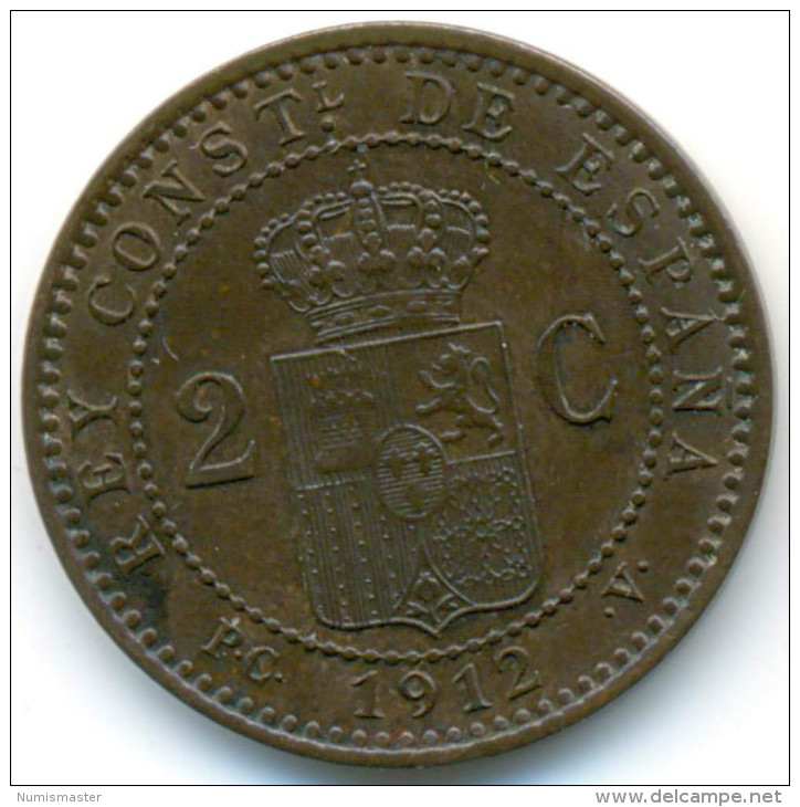 SPAIN , 2 CENTIMOS 1912 , AUNC , UNCLEANED COIN - Premières Frappes