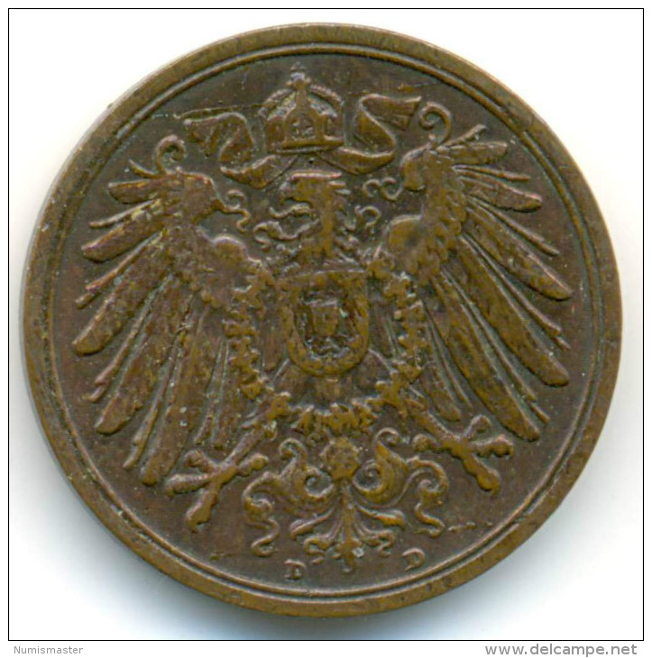 GERMANY , 2 PFENNIG 1904 D, UNCLEANED COIN - 2 Pfennig