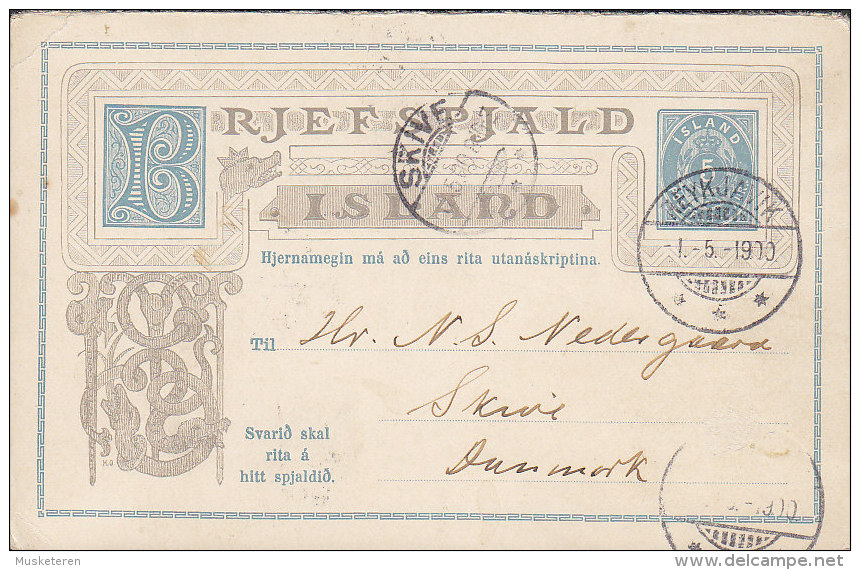 Iceland (Uprated) Postal Stationery Ganzsache Entier 5 A Zifferzeichnung Frageteil REYKJAVIK 1900 To SKIVE Denmark - Postal Stationery