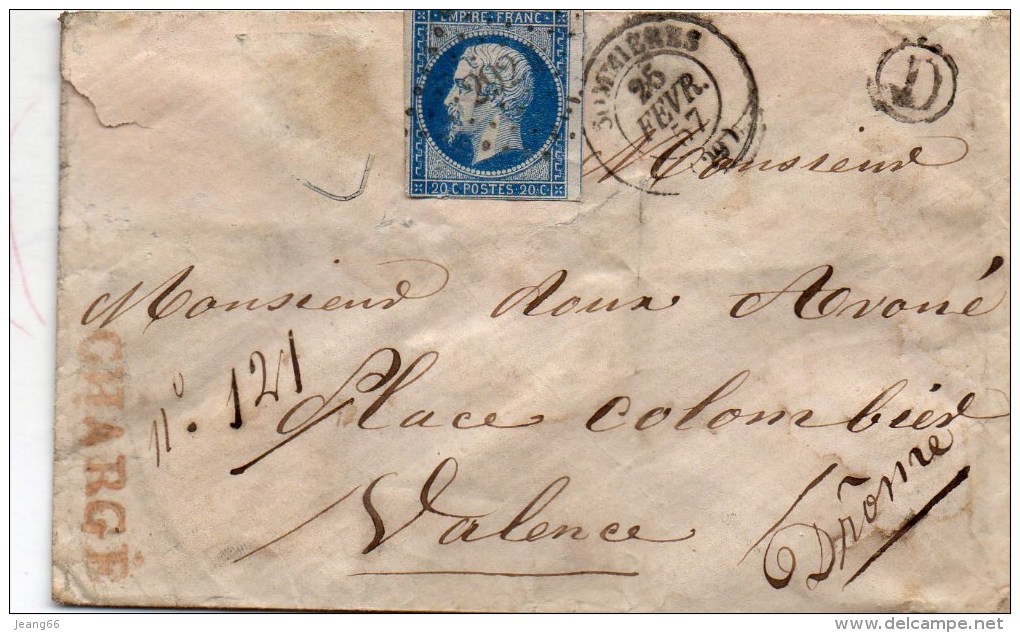 P.c.2921 SOMMIERES,lettre Chargée,sans Corresp. Pous VALENCE Le 25 Février 1825. - 1849-1876: Periodo Clásico