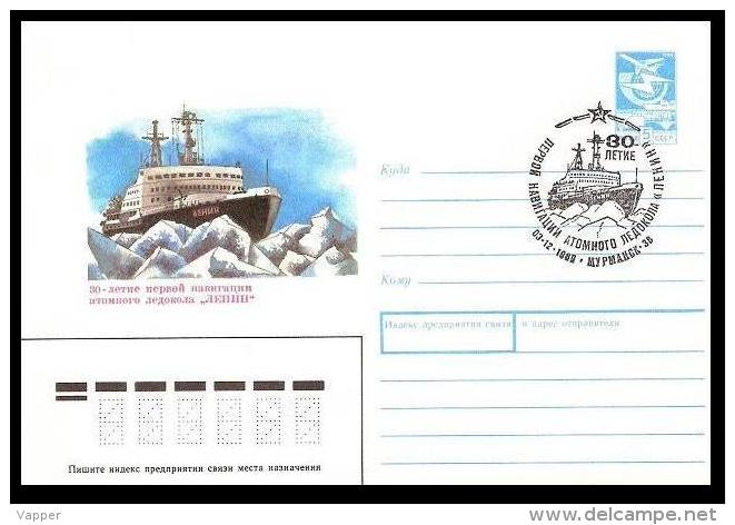 Polar Ships Nuclear Isebreaker "LENIN" 30th Anniv USSR 1989 Postmark (Murmansk) + Special. Stationary Cover - Polar Ships & Icebreakers