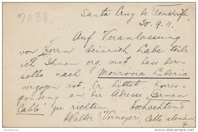 Spain Postal Stationery Ganzsache Enteri Alfons XIII. SANTA CRUZ De TENERIFE 1911 To Denmark (2 Scans) - 1850-1931