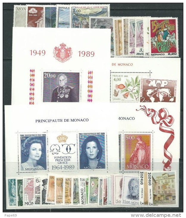 Monaco Année Complète Timbres Poste  1989 Du N° 1663 Au N° 1704  XX, Les 42  Valeurs Sans Charnière TB - Années Complètes