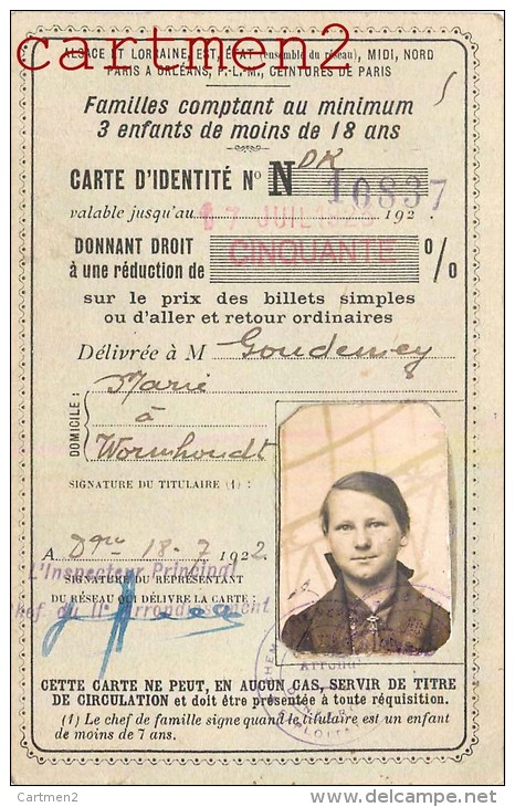 CARTE D'IDENTITE DE FAMILLE NOMBREUSE WORMHOUT 59 NORD P.L.M. CARTE DE TRANSPORT REDUCTION DE BILLETS - Otros & Sin Clasificación