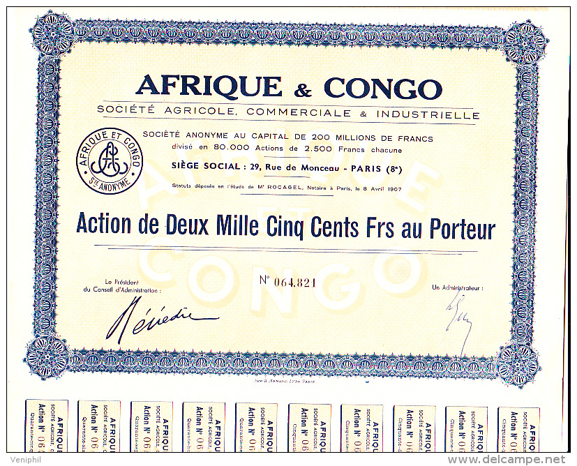 ACTION 2500 FRANCS - AFRIQUE ET CONGO -  1907 - Agriculture