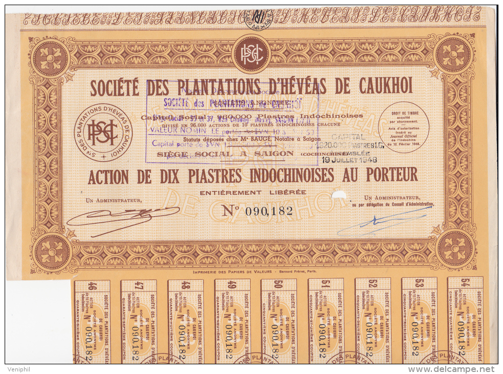 LOT DE 30 ACTIONS INDOCHINOISES- SOCIETE DES PLANTATIONS D´HEVEAS DE CAUKHOI  -1948 - Miniere