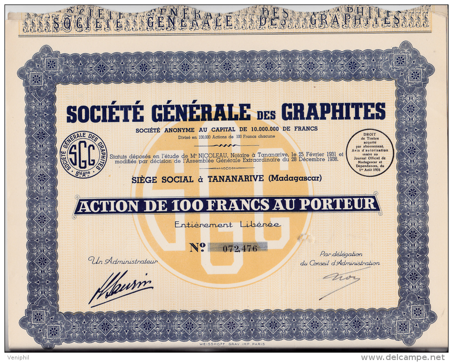 LOT DE 10 ACTIONS SOCIETE GENERALE DES GRAPHITES- TANANARIVE-MADAGASCAR -1931 - Mines