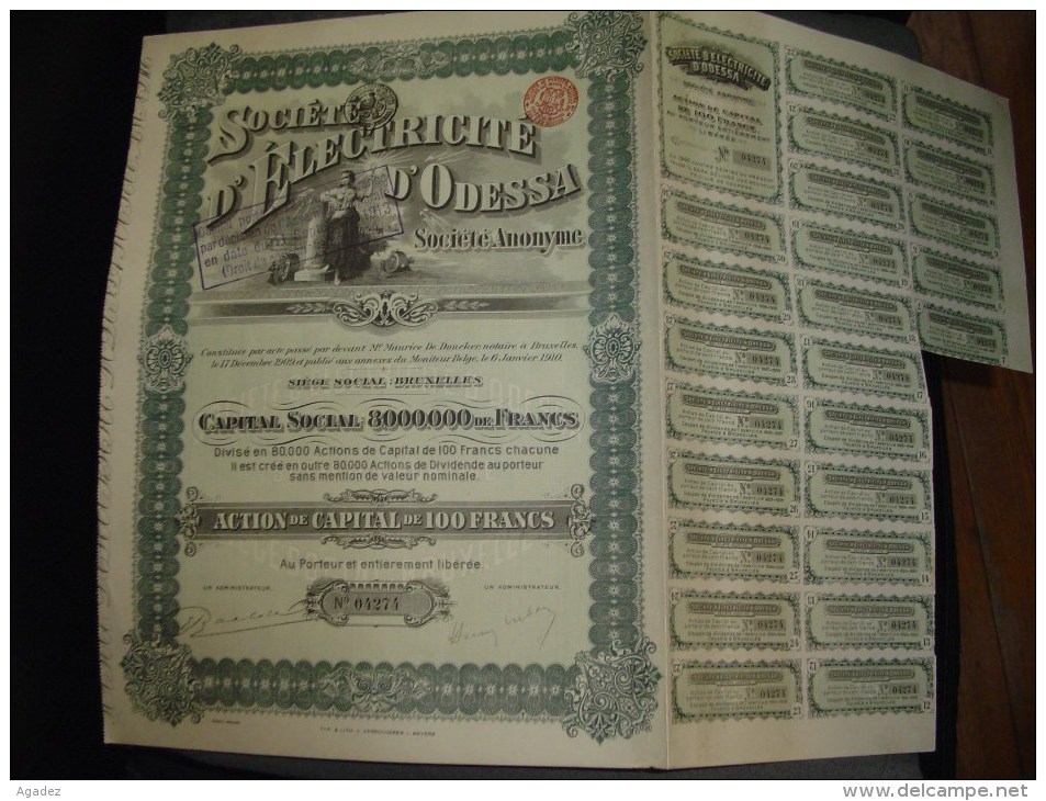 Action De Capital"Sté D'electricité D'Odessa  Action De Dividende Belle Lithographie 1910 Ukraine Russie/Russia - Electricité & Gaz