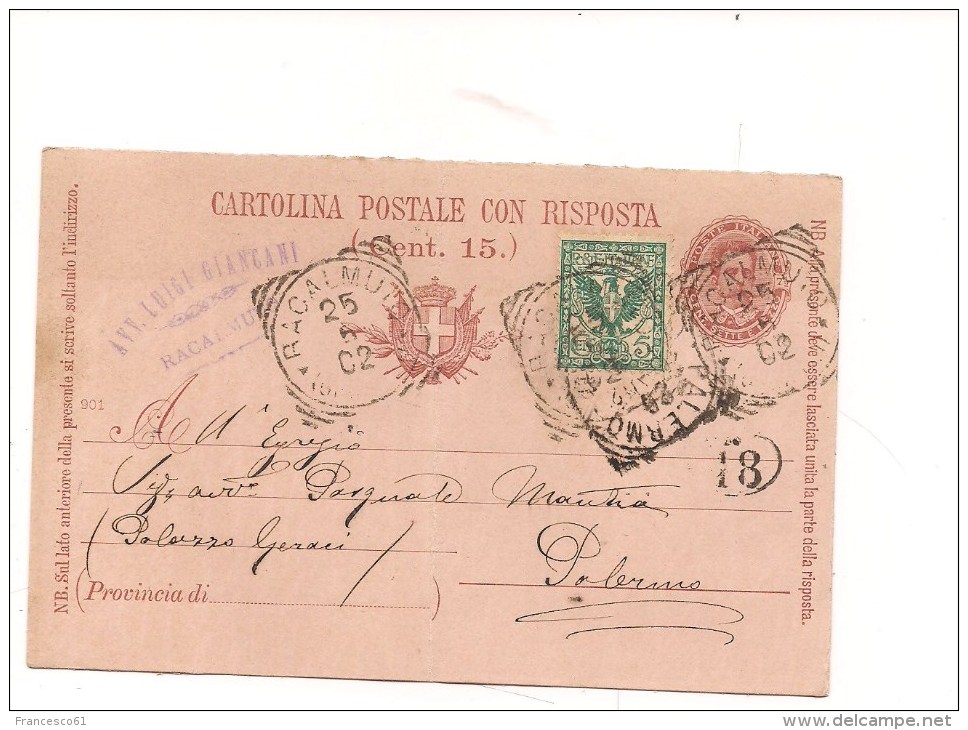 $3-3523 ANNULLO TONDO RIQUADRATO RACALMUTO MISTA DUE RE PIEGA 1902. - Storia Postale