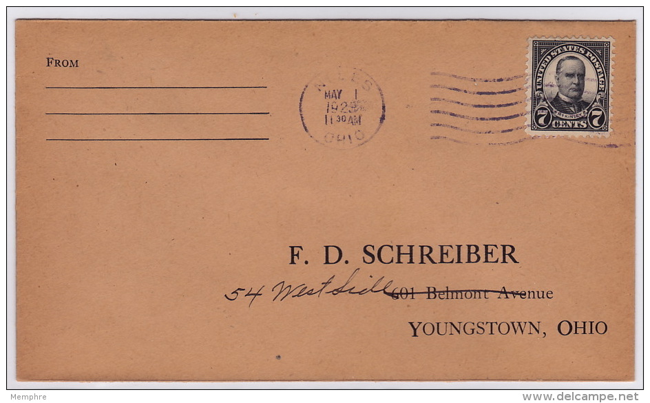 1923 7 &cent; McKinley  Niles OH Cancel  Adressed To Schreiber - 1851-1940