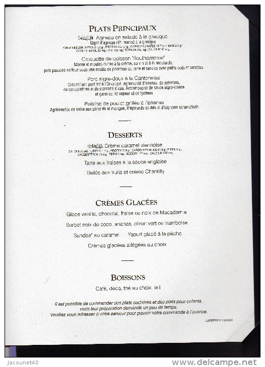 Paquebot France / Norway Croisière D'Adieu 2001 - Menu