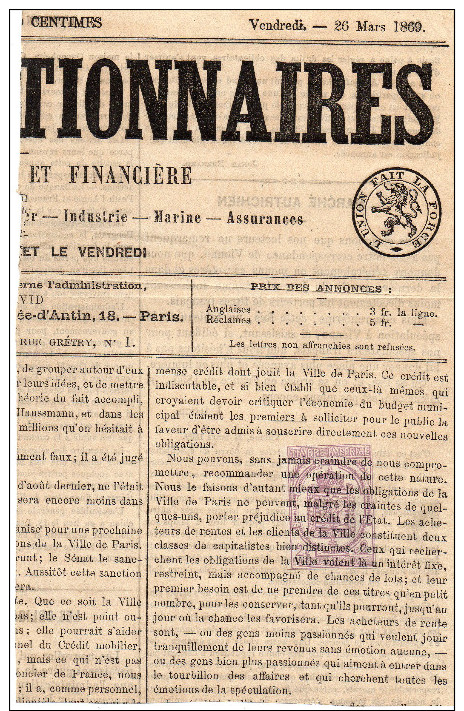 Timbre Imperiale 20c Violet , 1869 Sur Part De Journal - Autres & Non Classés