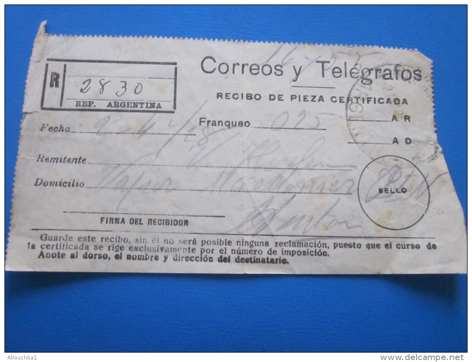 2 Avril 1928 Recibo De Pieza Certificada Espagne Espa&ntilde;a Corréos Y Telegrafos  &gt;&gt; Vapor Mardcelino &gt;&gt; - Télégraphe