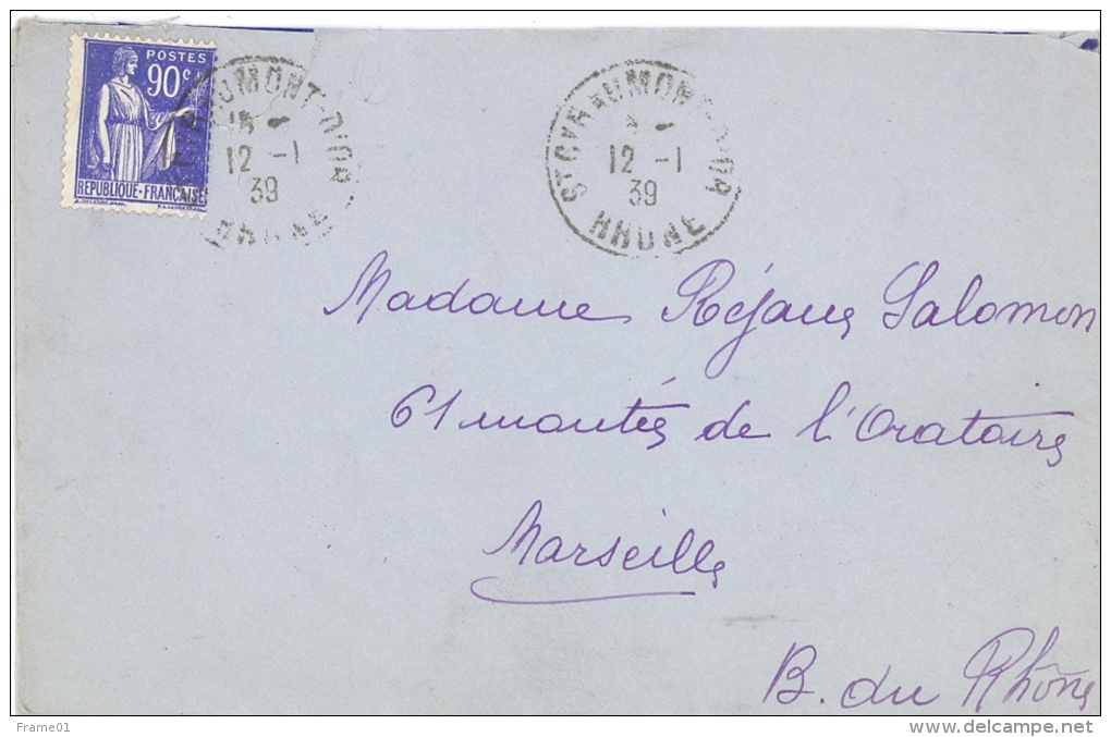 Enveloppe 1939 St Cyr Au Mont D'Or Pour Marseille , Affr. 90c  Type Paix YT 368  / OMEC  Flier En Arrivée - Lettres & Documents