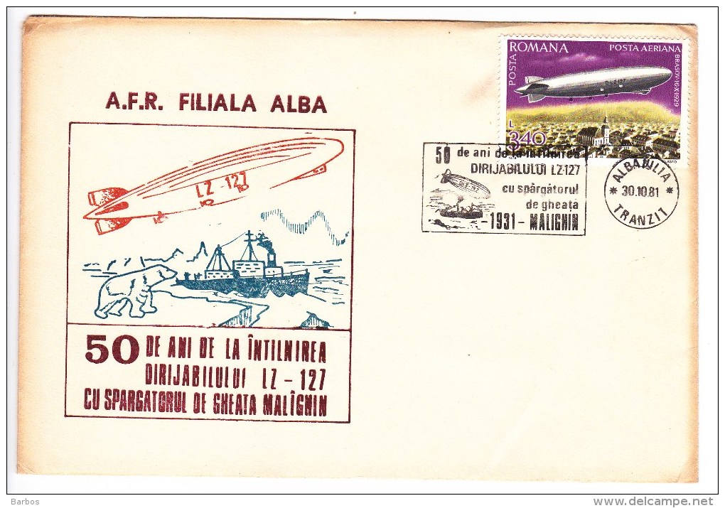 Romania   ; 1981 ; 50 Years After The Meeting Airship LZ-127 Graf Zeppelin With Icebreaker Malighin ; Special Cancell. - Events & Commemorations