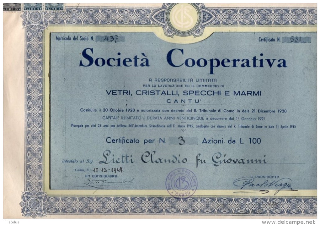 SOCIETA'  COOPERATIVA-LAVORAZIONE DI VETRI-CRISTALLI-SPECCHI E MARMI-CANTU'-1947-CERTIFICATO PER N.3 AZIONI - Industry