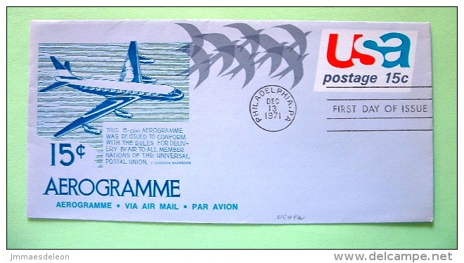 USA 1971 FDC Aerogramme Philadelphia - 15c Air Mail - Birds - Plane - 1961-80