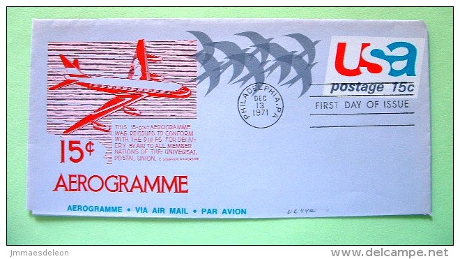 USA 1971 FDC Aerogramme Philadelphia - 15c Air Mail - Birds - Plane - 1961-80