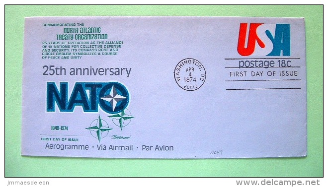 USA 1974 FDC Aerogramme Washington - 18c Air Mail - NATO OTAN - 1961-80