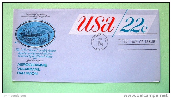 USA 1976 FDC Aerogramme Tempe AZ - 22c - Zeppelin - Balloon ZR-5 - 1961-80