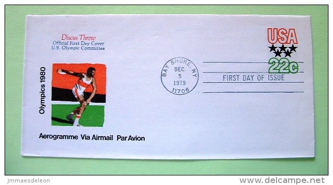 USA 1979 FDC Aerogramme Bay Shore NY - 22c - Olympics Sports Discus Throw - 1961-80