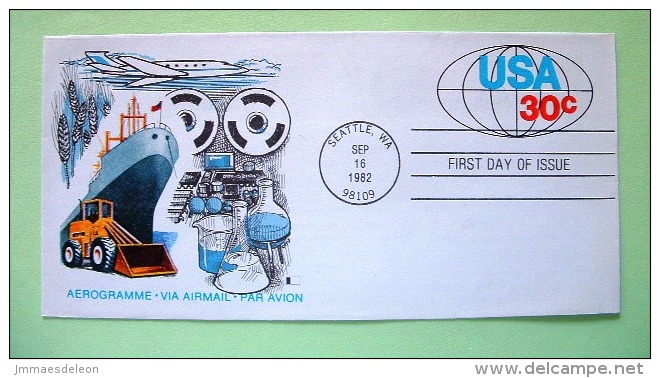 USA 1982 FDC Aerogramme Seattle - 30c - Made In USA - Tractor Ship Plane Computer Chemical Products Wheat - 1961-80