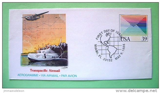 USA 1988 FDC Aerogramme Miami - 39c - Plane Hydroplane Map Transpacific Airmail - 1961-80