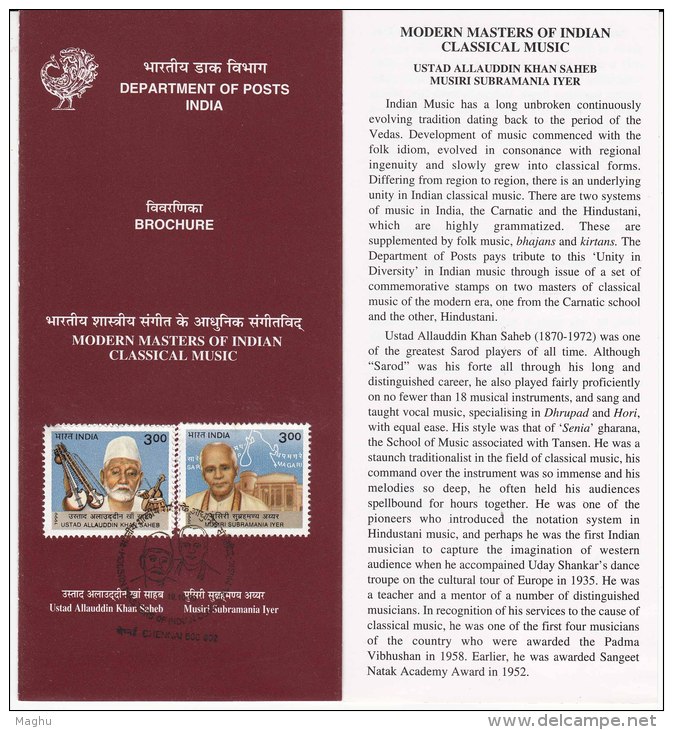 Stamped Information On Masters Of Classical Music, Ustad Allauddin Khan Saheb, Musiri Subramania Iyer, India 1999 - Music