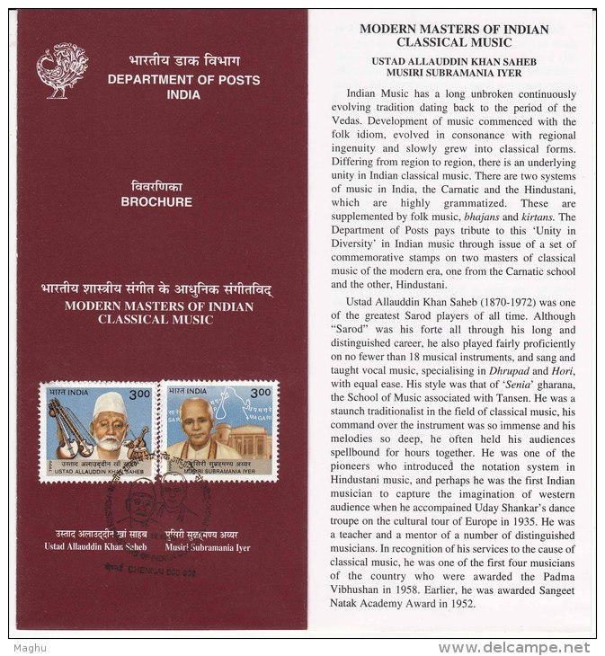 Stamped Information On Masters Of Classical Music, Ustad Allauddin Khan Saheb, Musiri Subramania Iyer, India 1999 - Musique