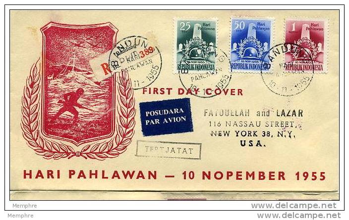 INDONESIA  1955  FDC  Soldiers Killed In Liberation War Scott 418-20  384-5 On Back - Indonesia