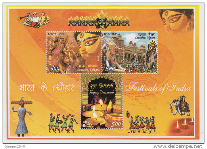 India  2008  Festiwals  Goddess Kali / Durga  Elephants  3v   Sovenir Sheet # 62492  Inde Indien - Hinduism