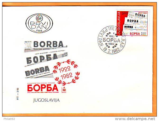 Yugoslavia 1982 Y FDC 60th Ann Of Borba Newspapers  Mi No 1917 Postmark Beograd 19.02.1982. - FDC