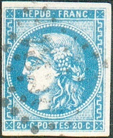 N°46 - 20 Centimes Bleu, TB Margé, -- 1136 - 1870 Ausgabe Bordeaux